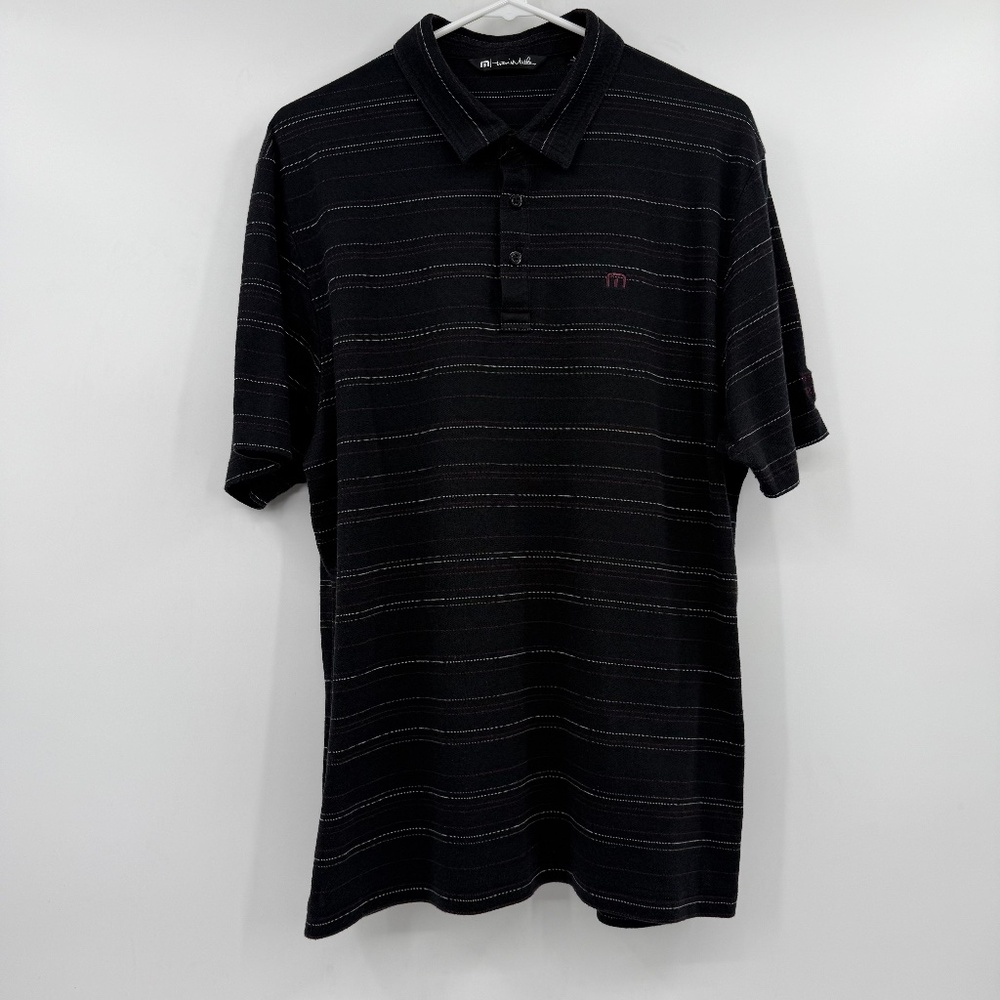 Travis Mathew Polo Shirt Men Large Black Stripes Short Sleeves Pima Cotton Blend